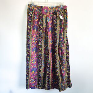 Vintage Silky Colorful Midi Skirt 30"x32" Purple, Yellow, Pink Elastic Waist